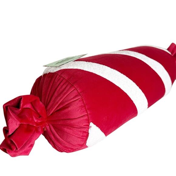 Peppermint Candy Cane Bolster Pillow Red White Stripe Plush Holiday Decor 20" - Picture 5 of 6